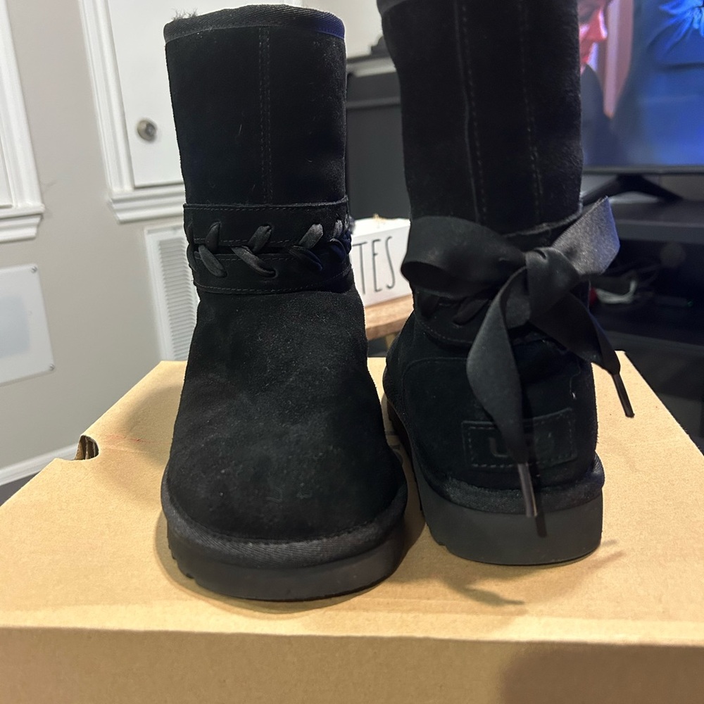 UGG Black Ankle Booties with Ribbon Detail